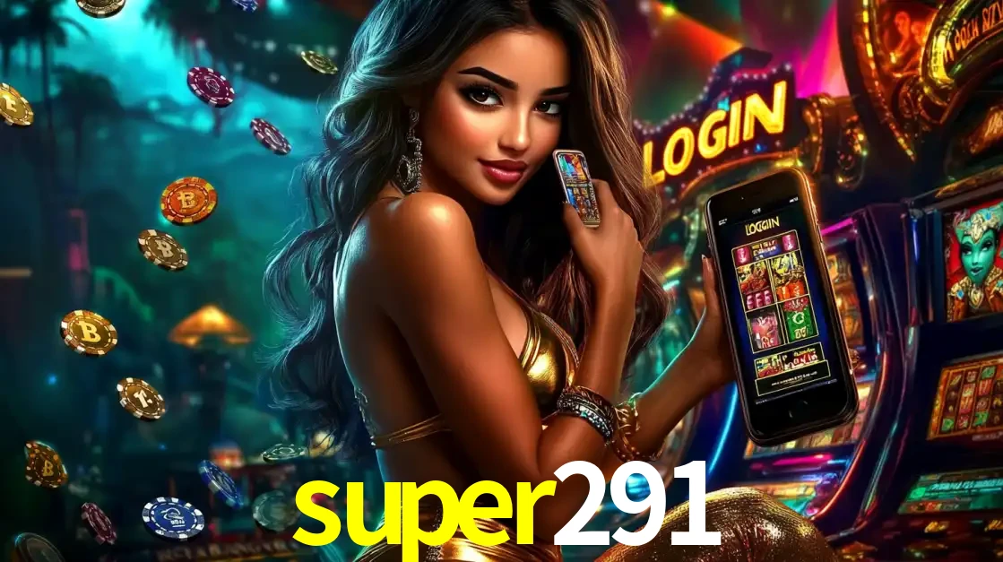 Mulher em um cenário de cassino temático de aventura, mostrando o app de caça-níqueis da super291 no celular. Fichas de apostas flutuam ao redor.