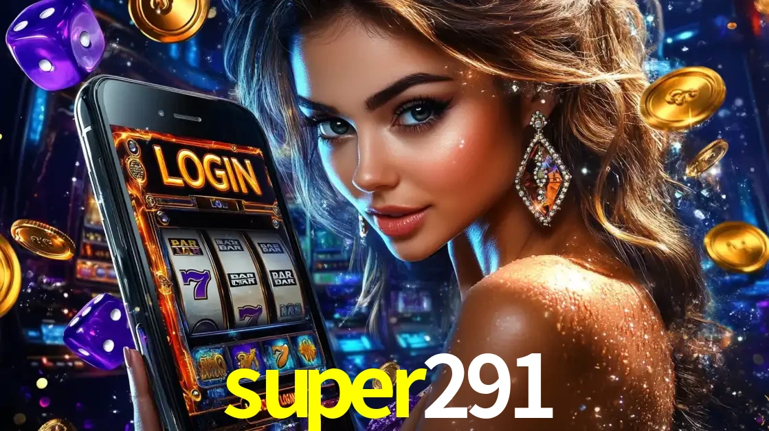 Mulher glamorosa segurando um smartphone com a tela de login para os jogos de caça-níqueis do cassino online super291, com moedas de ouro e dados ao redor.